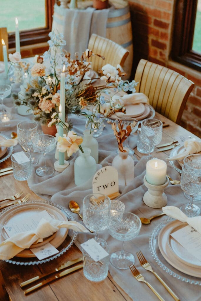 Pale blue wedding tablescape