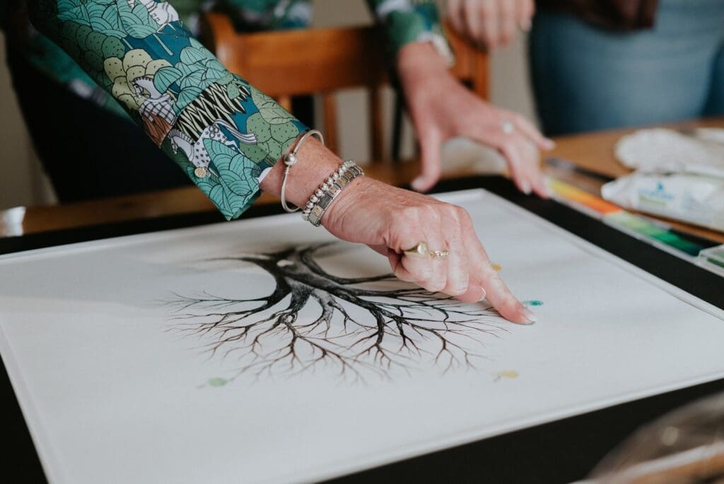 Close up of fingerprint being placed on personalized tree art by Fingerprint Trees