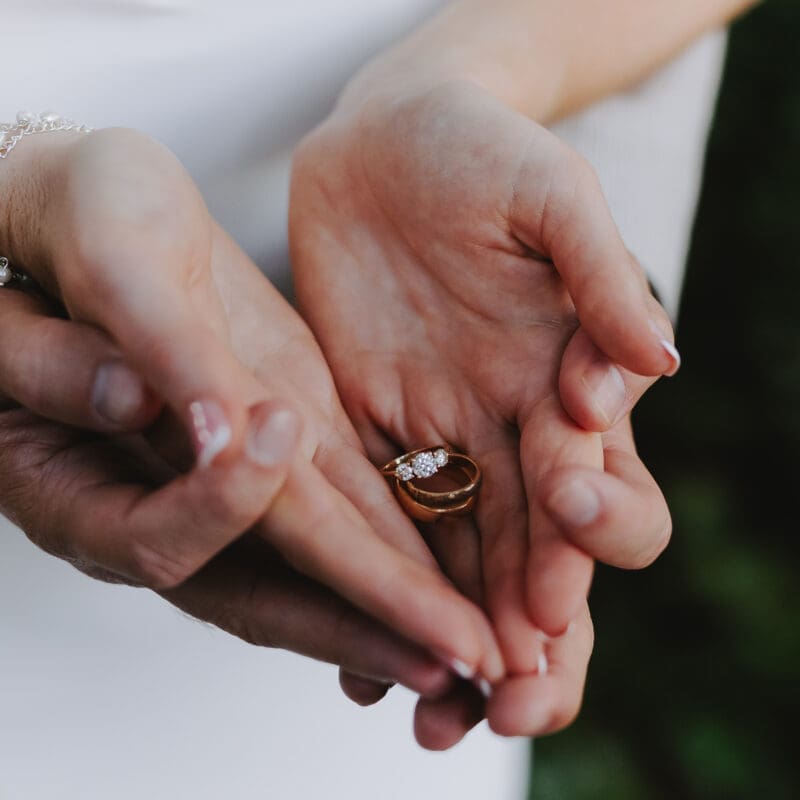 Bride and groom's palms up holding wedding rings